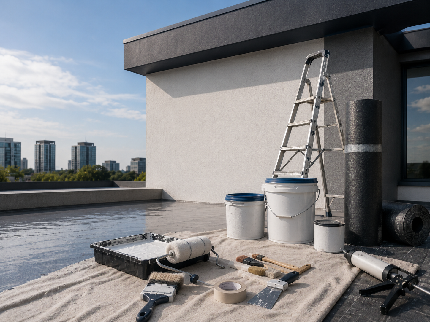 Terraza preparada para trabajos de impermeabilización y mantenimiento