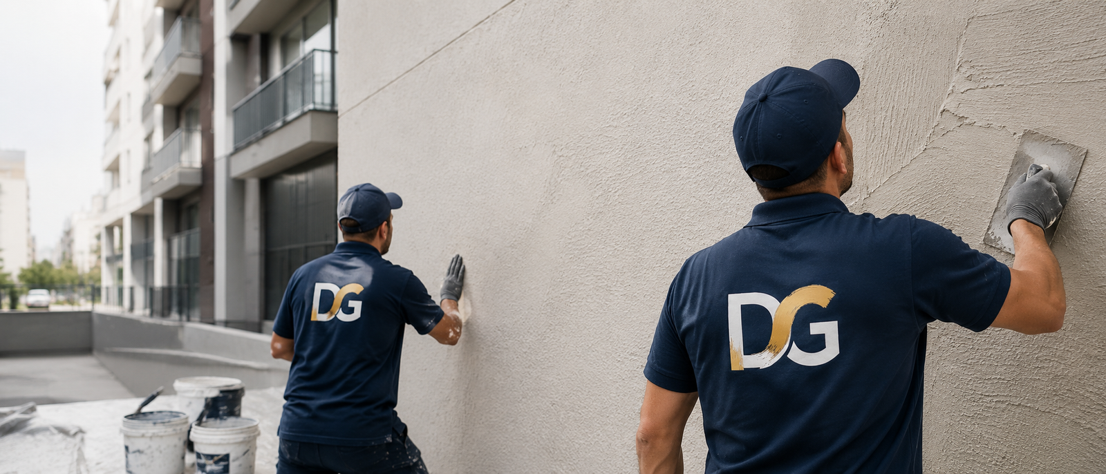 Equipo DG aplicando revestimiento texturado sobre una fachada
