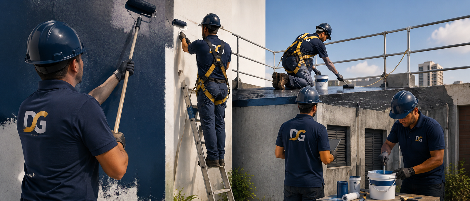Equipo de trabajo realizando tareas de pintura e impermeabilización en una propiedad