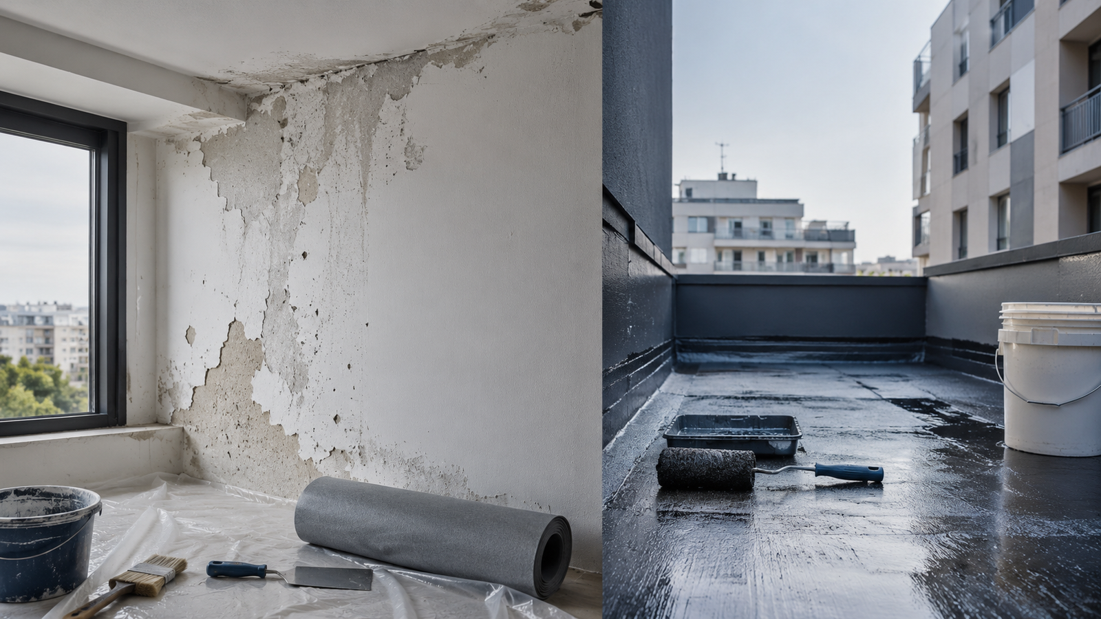 Superficie interior con deterioro por humedad y terraza durante un trabajo de impermeabilización
